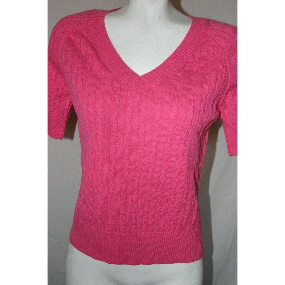 Jeanne Pierre Womens Pink Cable Knit V-Neck Short Sleeve Sweater Size Medium